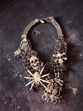 Natasha Accessories Gothic Halloween Skull Spider Statement Bib Necklace